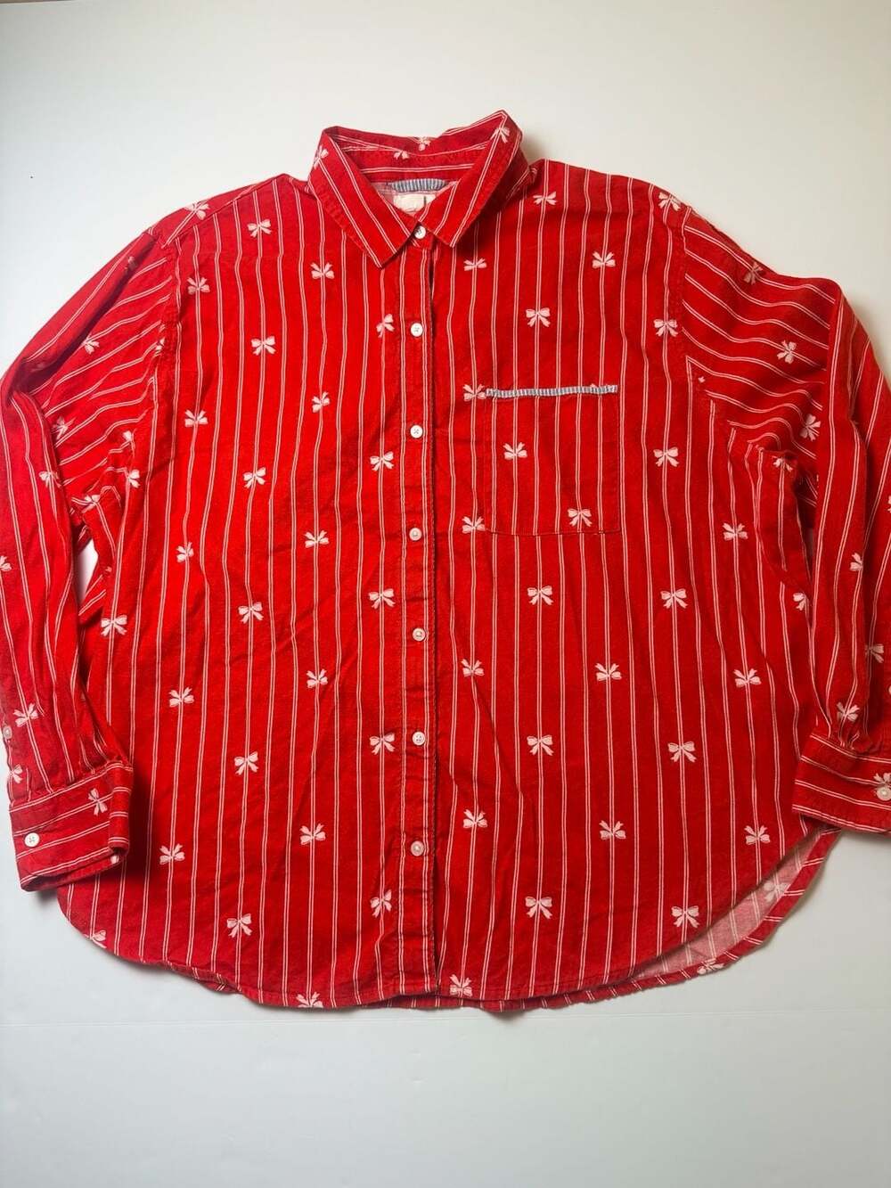 Aerie Women’s Pajama Top Size Large Red Striped Bow Print Long Sleeve Button-Up